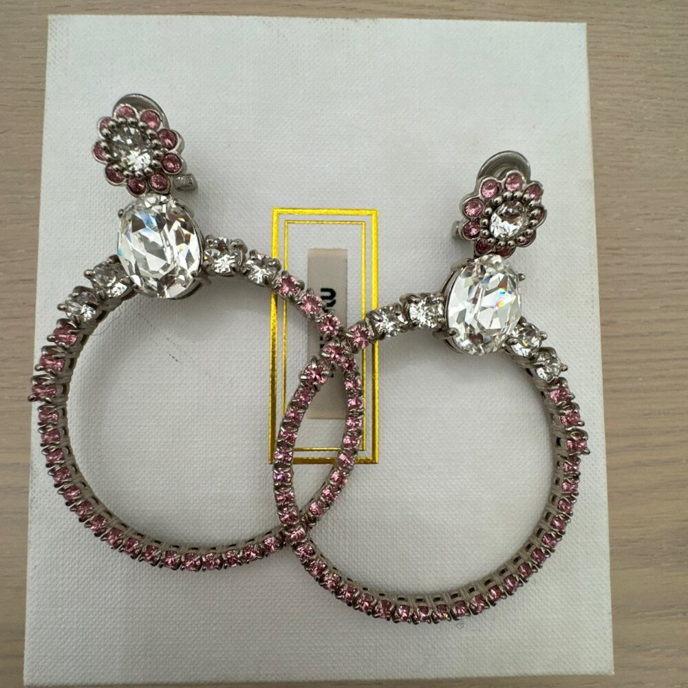 Miu Miu Silvertone Pink Crystal Embellished Hoop Earrings - Picture 5 of 5